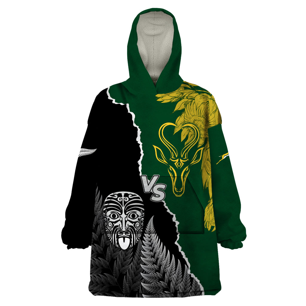 Personalised New Zealand Vs South Africa Rugby Wearable Blanket Hoodie Rivals Dynamics LT7 One Size Black Green - Polynesian Pride