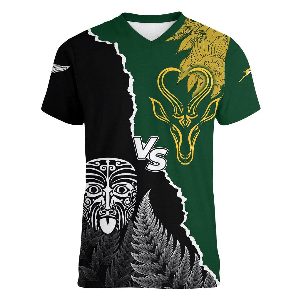 Personalised New Zealand Vs South Africa Rugby Women V Neck T Shirt Rivals Dynamics LT7 Female Black Green - Polynesian Pride