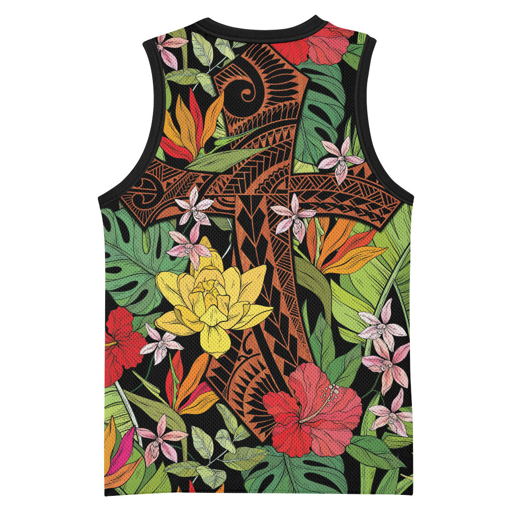 Mahalo Hawaii Ho'oponopono Pule Basketball Jersey Polynesian Pattern Cross