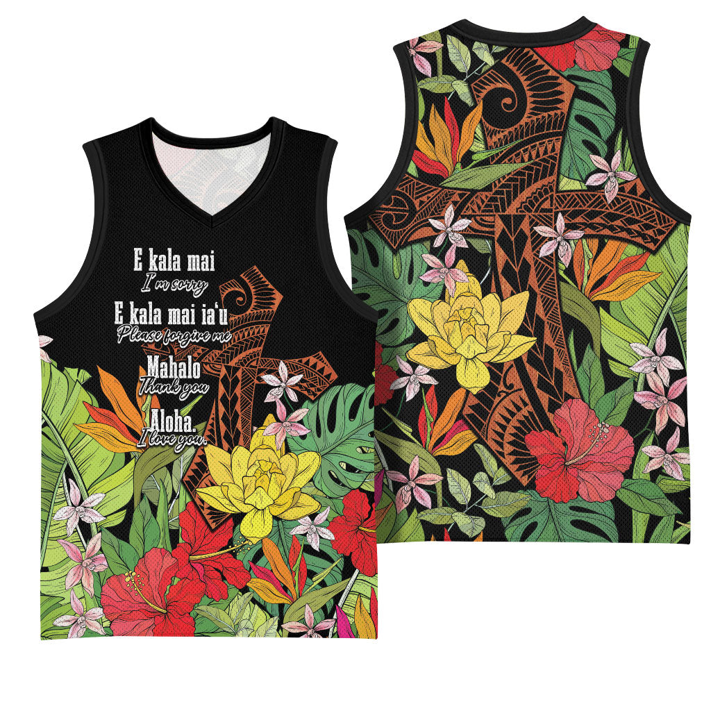Mahalo Hawaii Ho'oponopono Pule Basketball Jersey Polynesian Pattern Cross