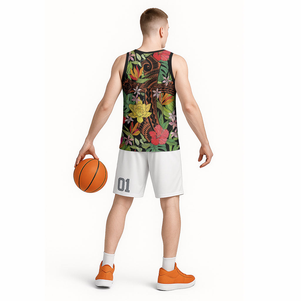 Mahalo Hawaii Ho'oponopono Pule Basketball Jersey Polynesian Pattern Cross