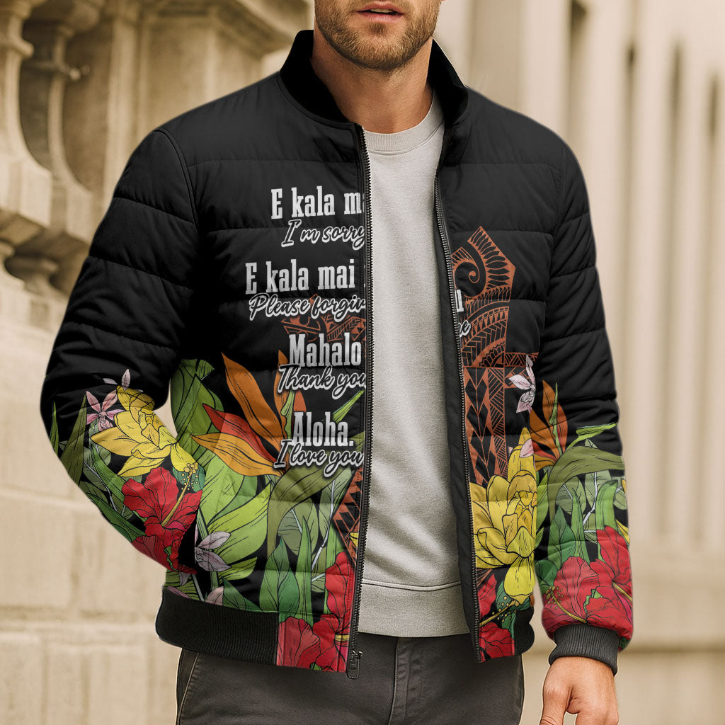 Mahalo Hawaii Ho'oponopono Pule Bomber Puffer Jacket Polynesian Pattern Cross LT7 - Polynesian Pride