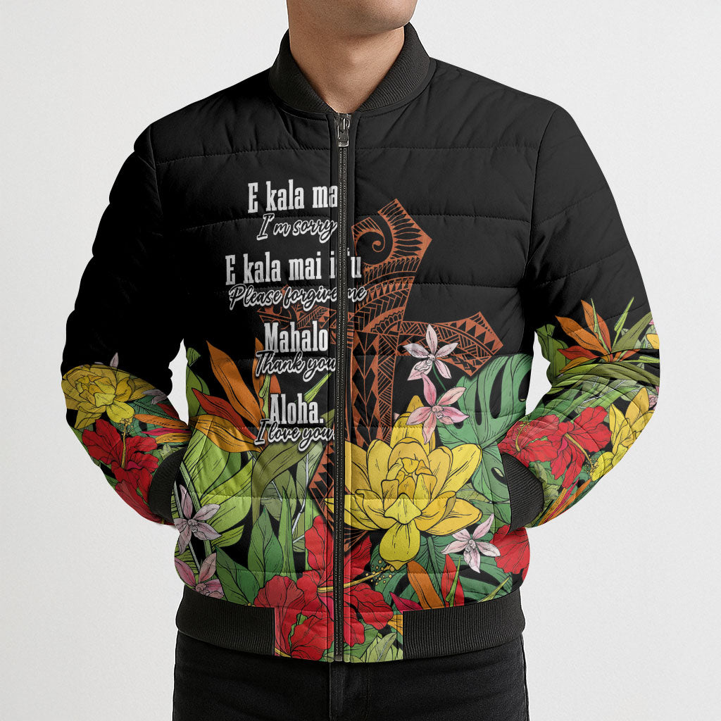Mahalo Hawaii Ho'oponopono Pule Bomber Puffer Jacket Polynesian Pattern Cross LT7 - Polynesian Pride