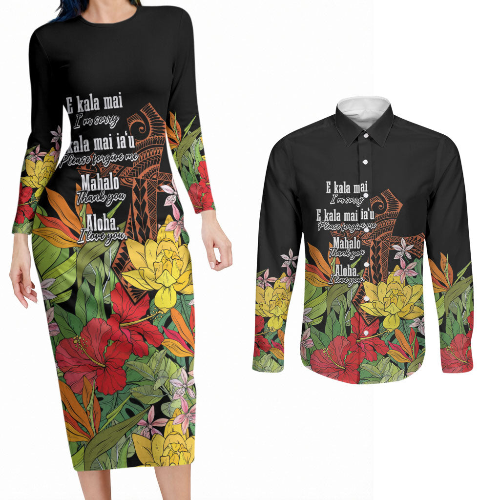 Mahalo Hawaii Ho'oponopono Pule Couples Matching Long Sleeve Bodycon Dress and Long Sleeve Button Shirt Polynesian Pattern Cross LT7 Black - Polynesian Pride