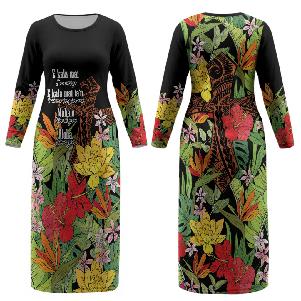 Mahalo Hawaii Ho'oponopono Pule Couples Matching Long Sleeve Bodycon Dress and Long Sleeve Button Shirt Polynesian Pattern Cross LT7 - Polynesian Pride