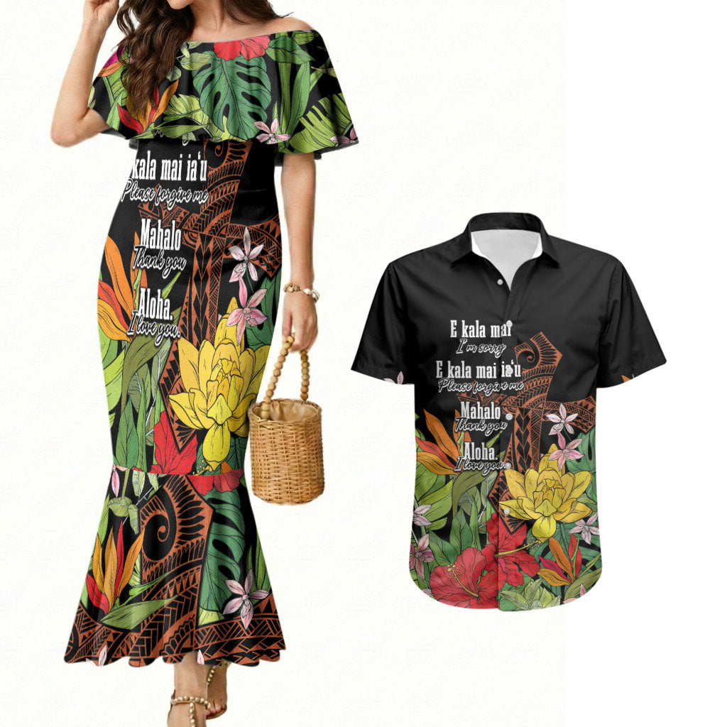 Mahalo Hawaii Ho'oponopono Pule Couples Matching Mermaid Dress and Hawaiian Shirt Polynesian Pattern Cross LT7 Black - Polynesian Pride