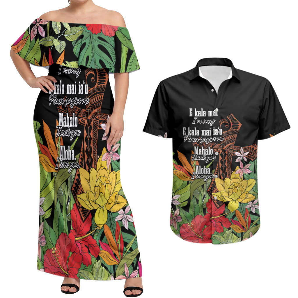 Mahalo Hawaii Ho'oponopono Pule Couples Matching Off Shoulder Maxi Dress and Hawaiian Shirt Polynesian Pattern Cross LT7 Black - Polynesian Pride