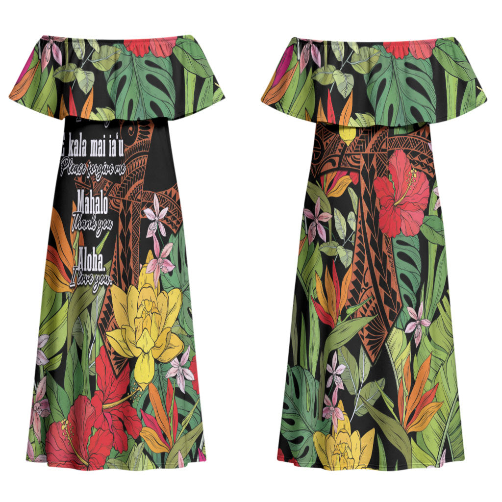Mahalo Hawaii Ho'oponopono Pule Couples Matching Off Shoulder Maxi Dress and Long Sleeve Button Shirt Polynesian Pattern Cross LT7 - Polynesian Pride