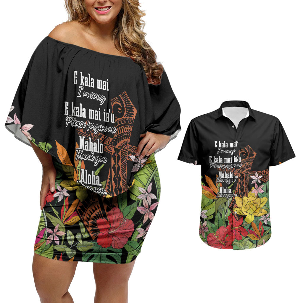 Mahalo Hawaii Ho'oponopono Pule Couples Matching Off Shoulder Short Dress and Hawaiian Shirt Polynesian Pattern Cross LT7 Black - Polynesian Pride