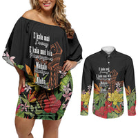 Mahalo Hawaii Ho'oponopono Pule Couples Matching Off Shoulder Short Dress and Long Sleeve Button Shirt Polynesian Pattern Cross LT7 Black - Polynesian Pride