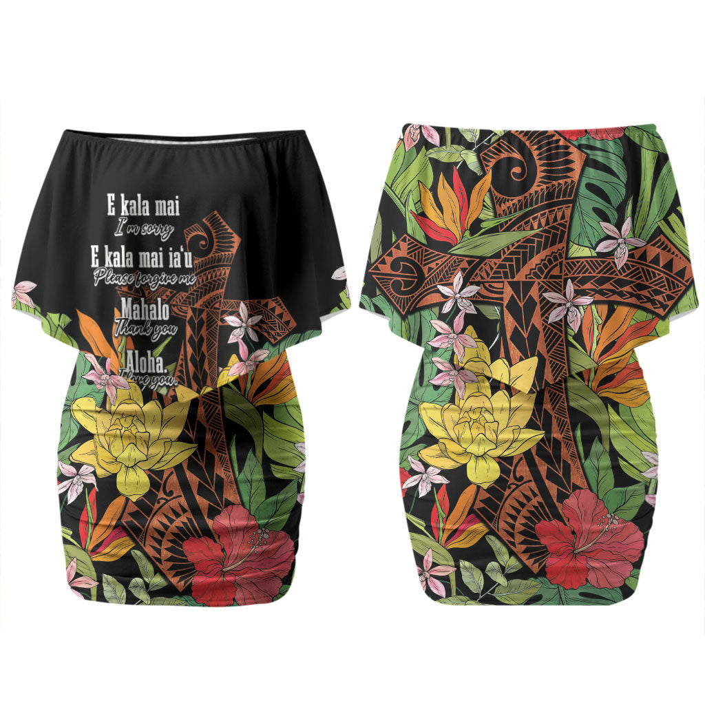 Mahalo Hawaii Ho'oponopono Pule Couples Matching Off Shoulder Short Dress and Long Sleeve Button Shirt Polynesian Pattern Cross LT7 - Polynesian Pride