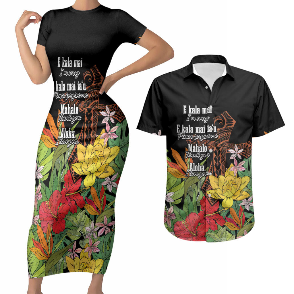 Mahalo Hawaii Ho'oponopono Pule Couples Matching Short Sleeve Bodycon Dress and Hawaiian Shirt Polynesian Pattern Cross