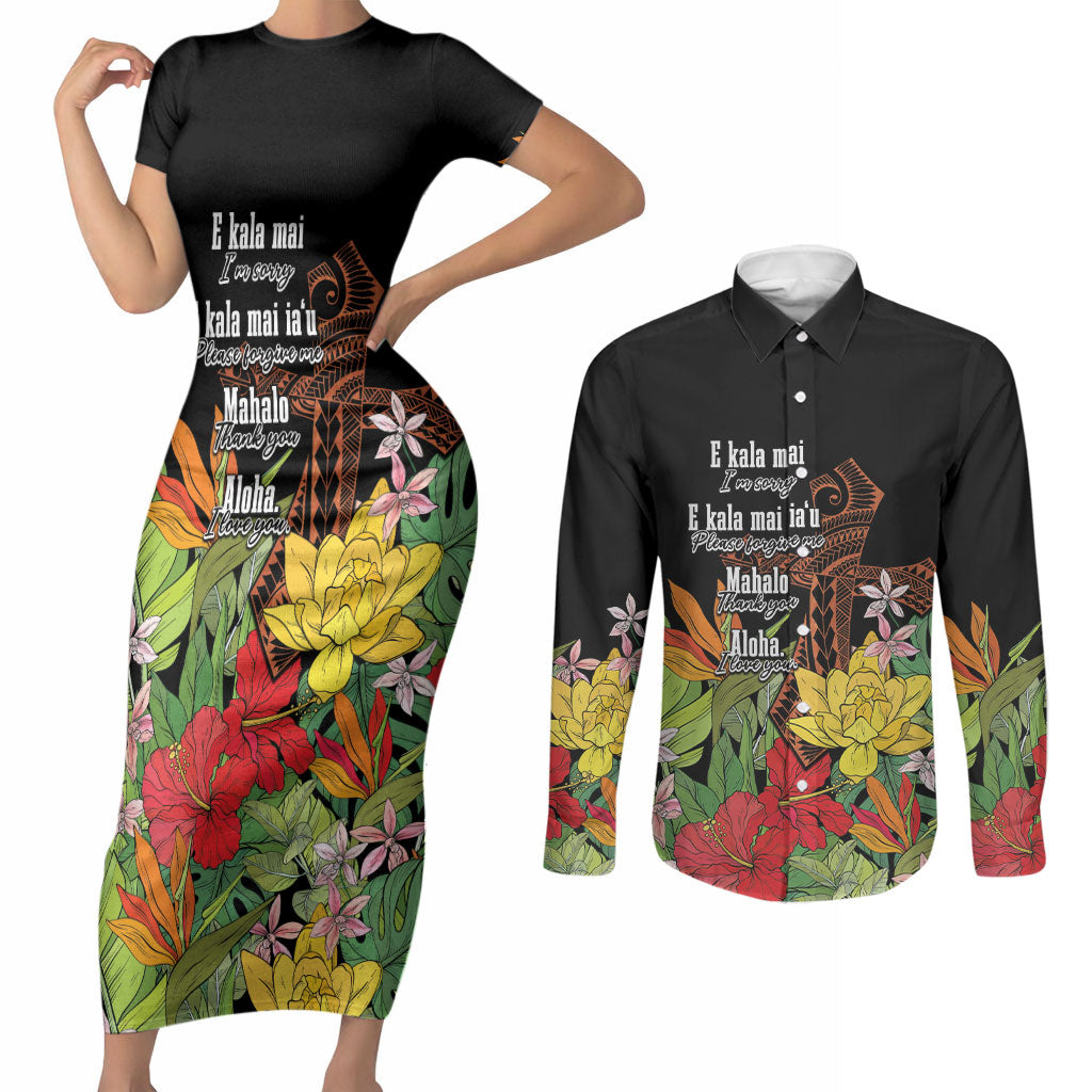 Mahalo Hawaii Ho'oponopono Pule Couples Matching Short Sleeve Bodycon Dress and Long Sleeve Button Shirt Polynesian Pattern Cross LT7 Black - Polynesian Pride