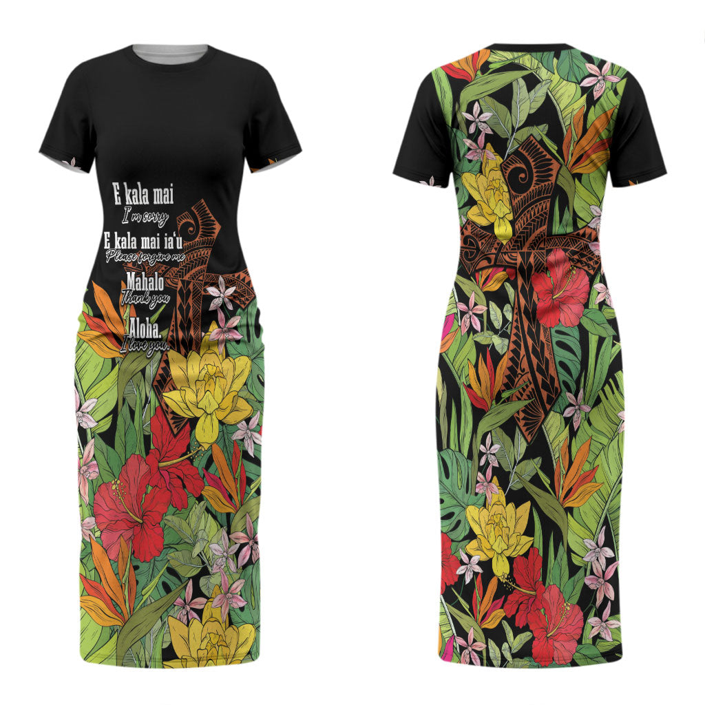 Mahalo Hawaii Ho'oponopono Pule Couples Matching Short Sleeve Bodycon Dress and Long Sleeve Button Shirt Polynesian Pattern Cross LT7 - Polynesian Pride
