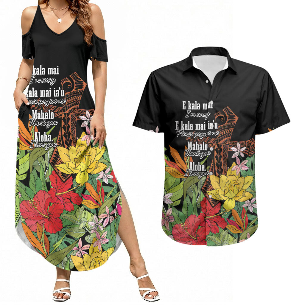 Mahalo Hawaii Ho'oponopono Pule Couples Matching Summer Maxi Dress and Hawaiian Shirt Polynesian Pattern Cross