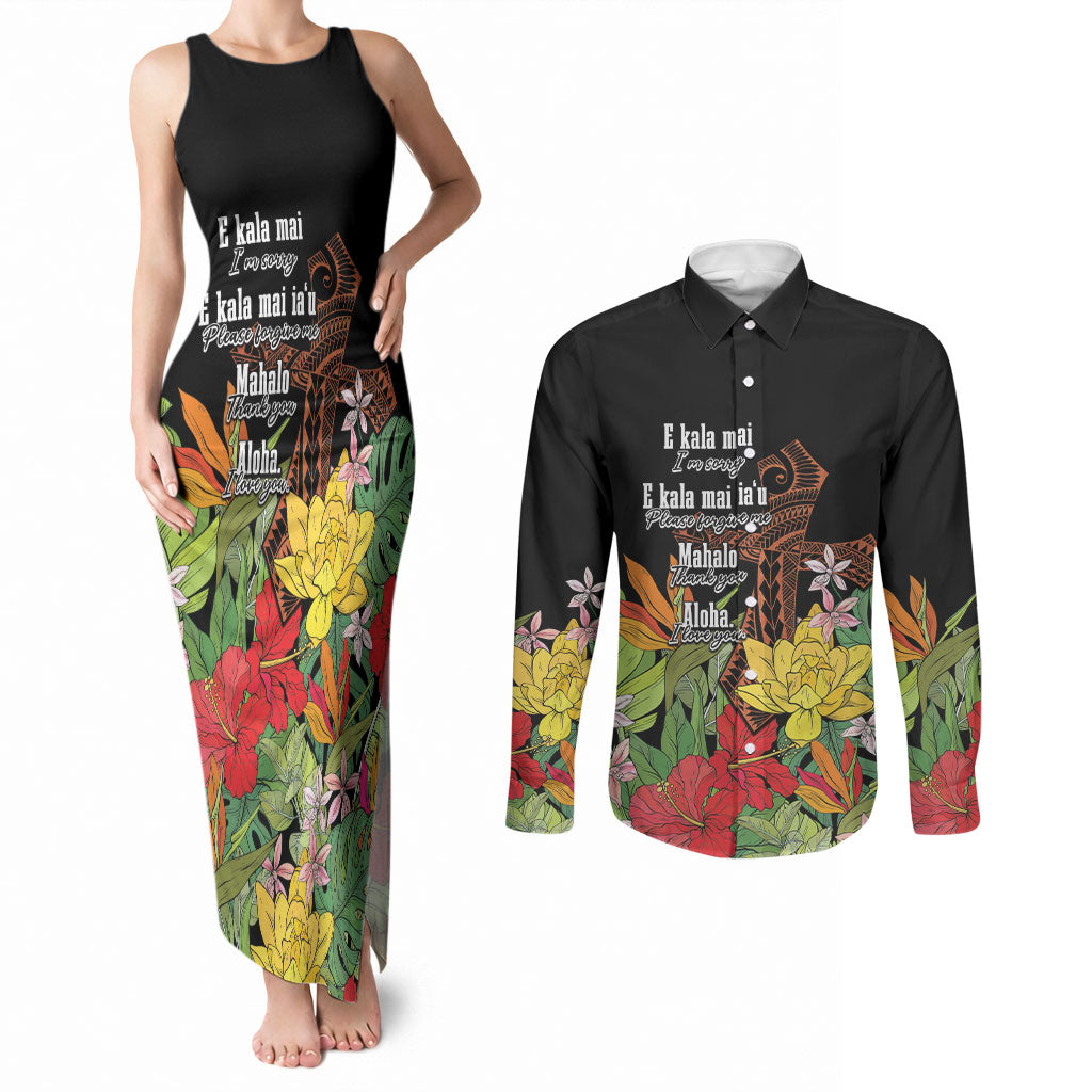 Mahalo Hawaii Ho'oponopono Pule Couples Matching Tank Maxi Dress and Long Sleeve Button Shirt Polynesian Pattern Cross LT7 Black - Polynesian Pride