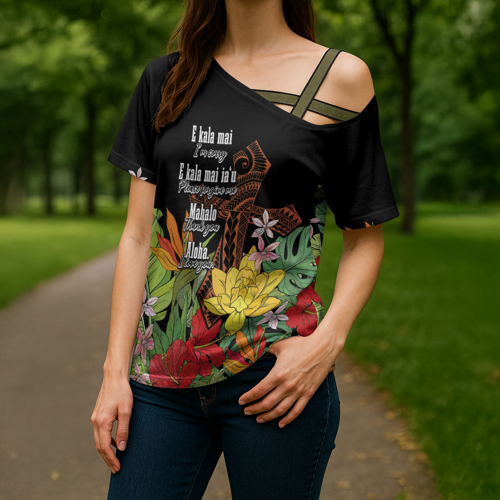 Mahalo Hawaii Ho'oponopono Pule Cross Shoulder Shirt Polynesian Pattern Cross LT7 - Polynesian Pride