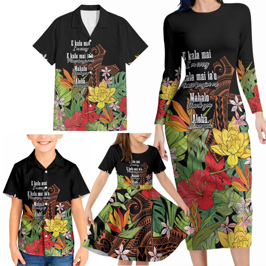 Mahalo Hawaii Ho'oponopono Pule Family Matching Long Sleeve Bodycon Dress and Hawaiian Shirt Polynesian Pattern Cross LT7 - Polynesian Pride