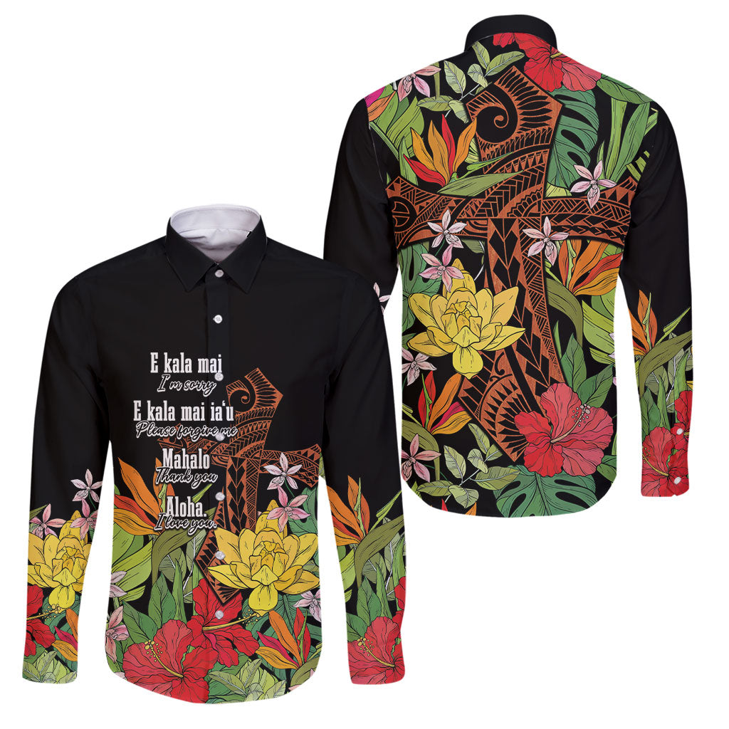 Mahalo Hawaii Ho'oponopono Pule Family Matching Mermaid Dress and Hawaiian Shirt Polynesian Pattern Cross LT7 Dad's Shirt - Long Sleeve Black - Polynesian Pride