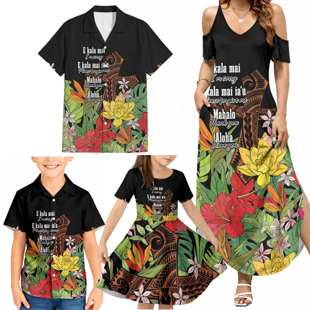 Mahalo Hawaii Ho'oponopono Pule Family Matching Summer Maxi Dress and Hawaiian Shirt Polynesian Pattern Cross