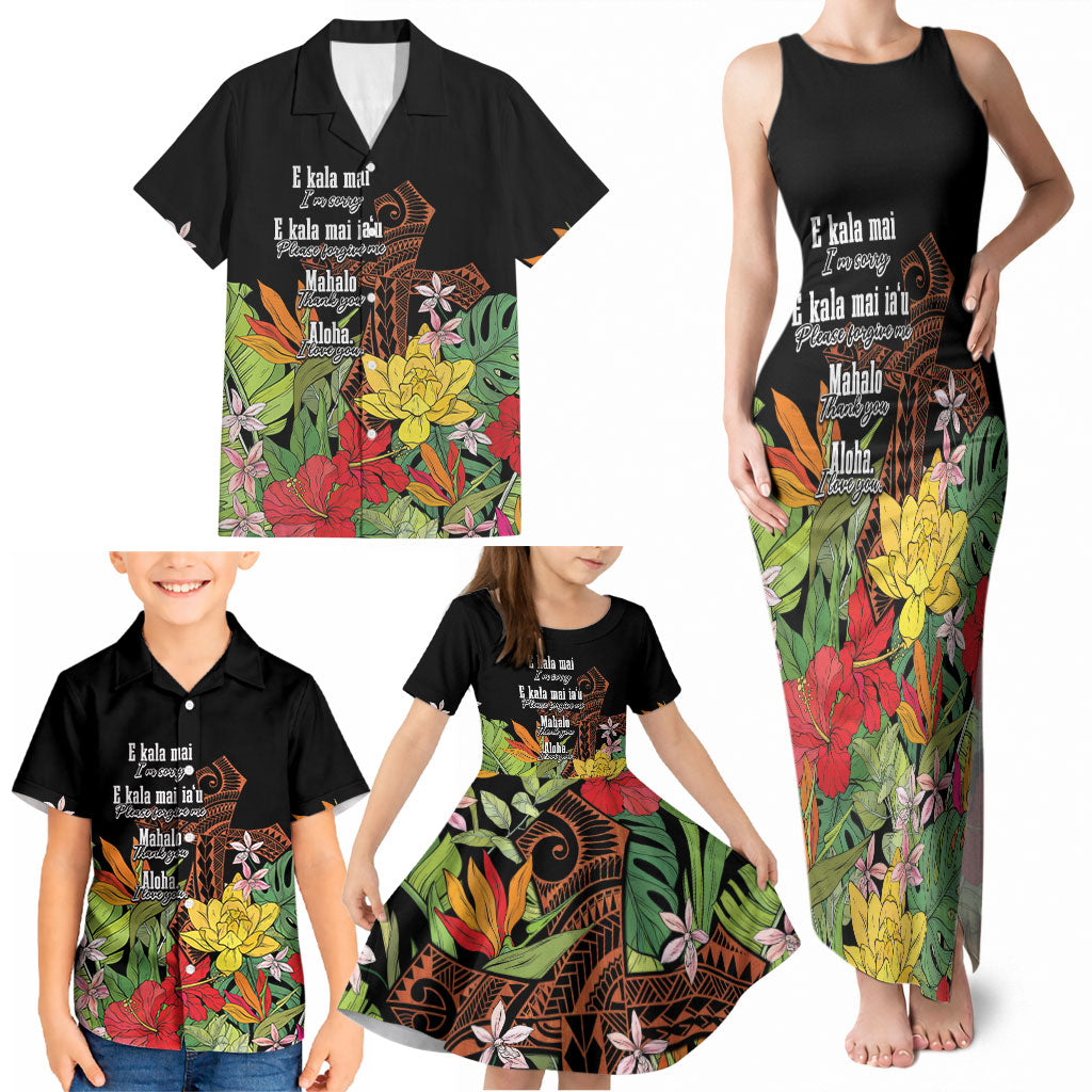 Mahalo Hawaii Ho'oponopono Pule Family Matching Tank Maxi Dress and Hawaiian Shirt Polynesian Pattern Cross