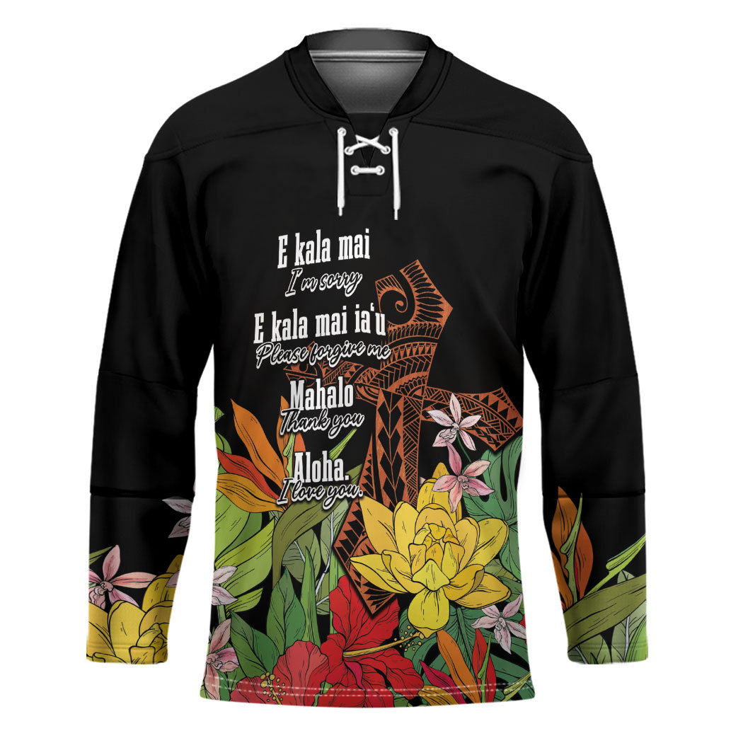 Mahalo Hawaii Ho'oponopono Pule Hockey Jersey Polynesian Pattern Cross LT7 Unisex Black - Polynesian Pride