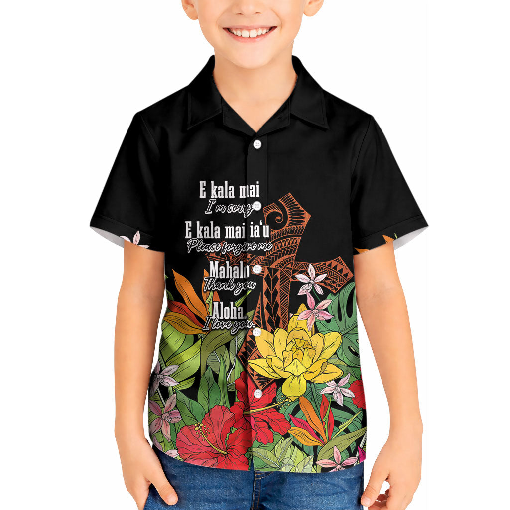 Mahalo Hawaii Ho'oponopono Pule Kid Hawaiian Shirt Polynesian Pattern Cross LT7 Kid Black - Polynesian Pride