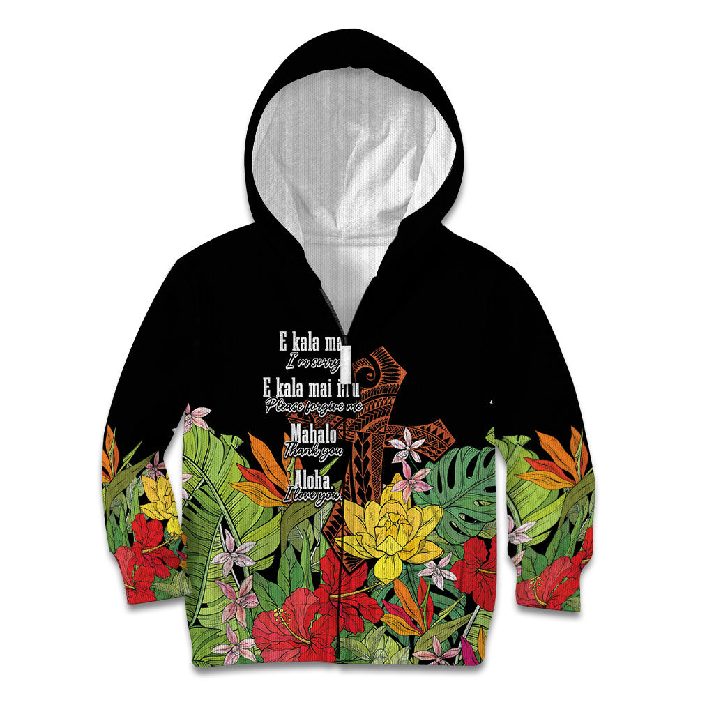 Mahalo Hawaii Ho'oponopono Pule Kid Hoodie Polynesian Pattern Cross LT7 Zip Hoodie Black - Polynesian Pride