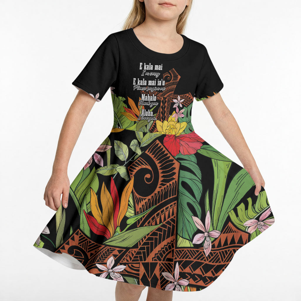 Mahalo Hawaii Ho'oponopono Pule Kid Short Sleeve Dress Polynesian Pattern Cross LT7 - Polynesian Pride