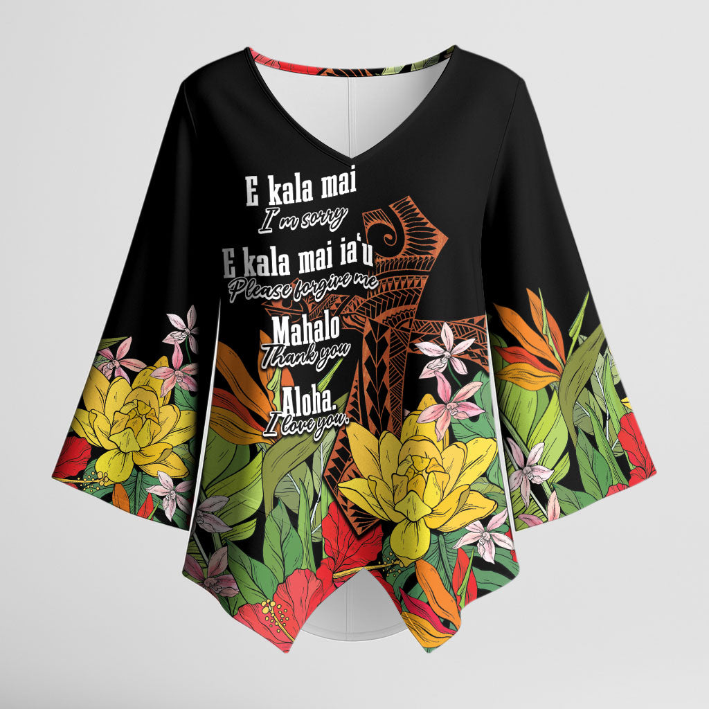 Mahalo Hawaii Ho'oponopono Pule Kimono Sleeve Blouse Polynesian Pattern Cross LT7 Female Black - Polynesian Pride