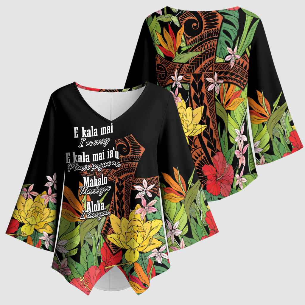Mahalo Hawaii Ho'oponopono Pule Kimono Sleeve Blouse Polynesian Pattern Cross LT7 - Polynesian Pride