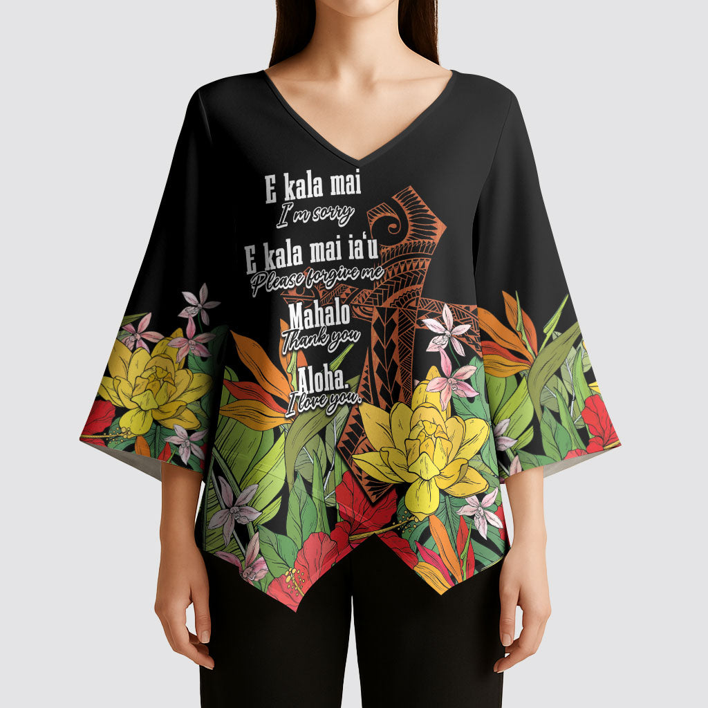 Mahalo Hawaii Ho'oponopono Pule Kimono Sleeve Blouse Polynesian Pattern Cross LT7 - Polynesian Pride