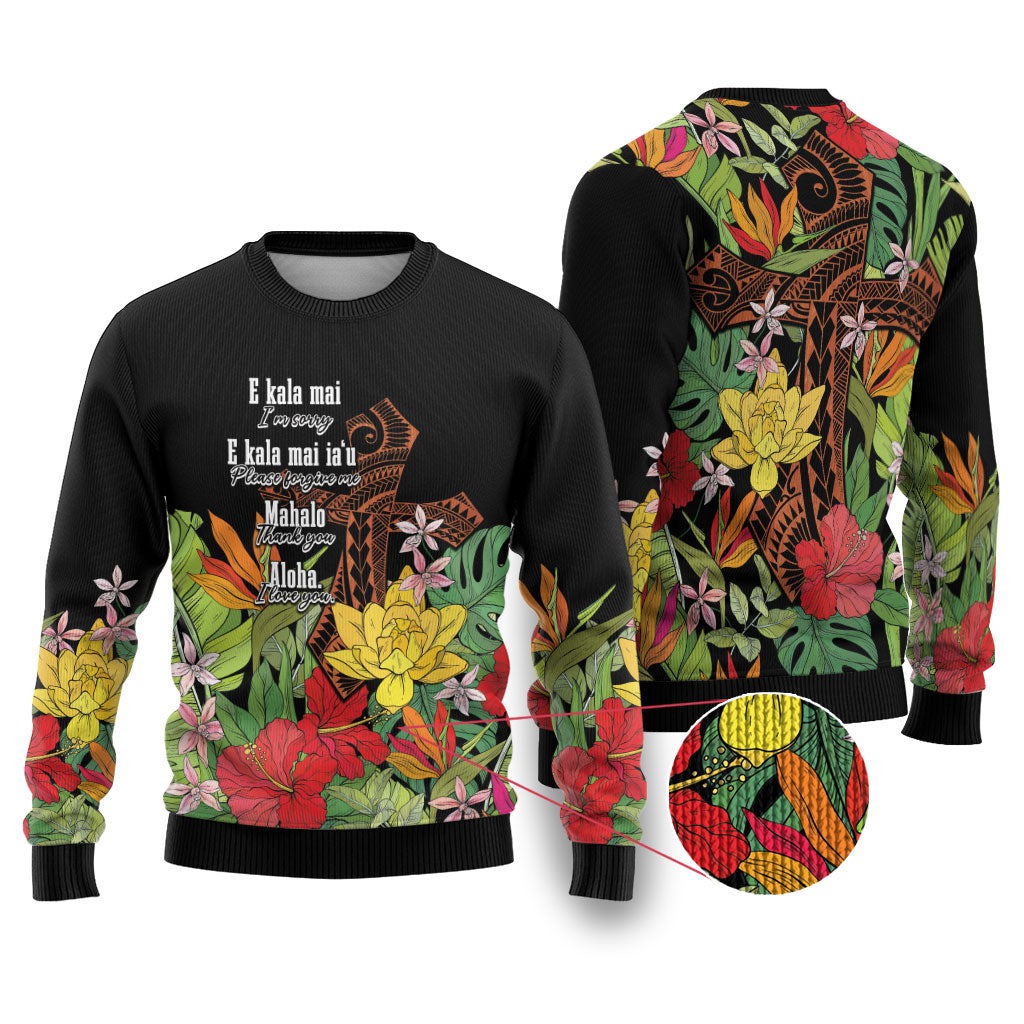 Mahalo Hawaii Ho'oponopono Pule Ugly Christmas Sweater Polynesian Pattern Cross