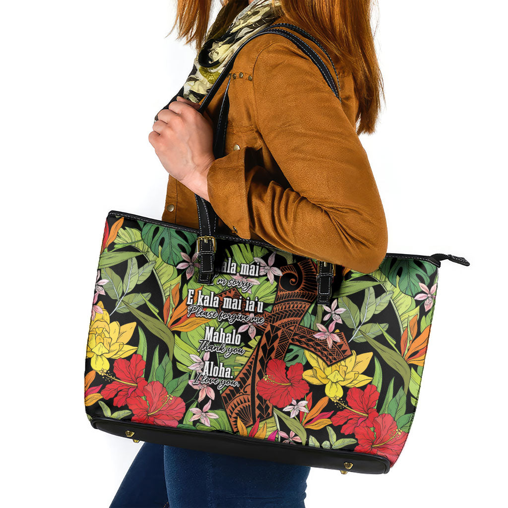 Mahalo Hawaii Ho'oponopono Pule Leather Tote Bag Polynesian Pattern Cross LT7 Black - Polynesian Pride