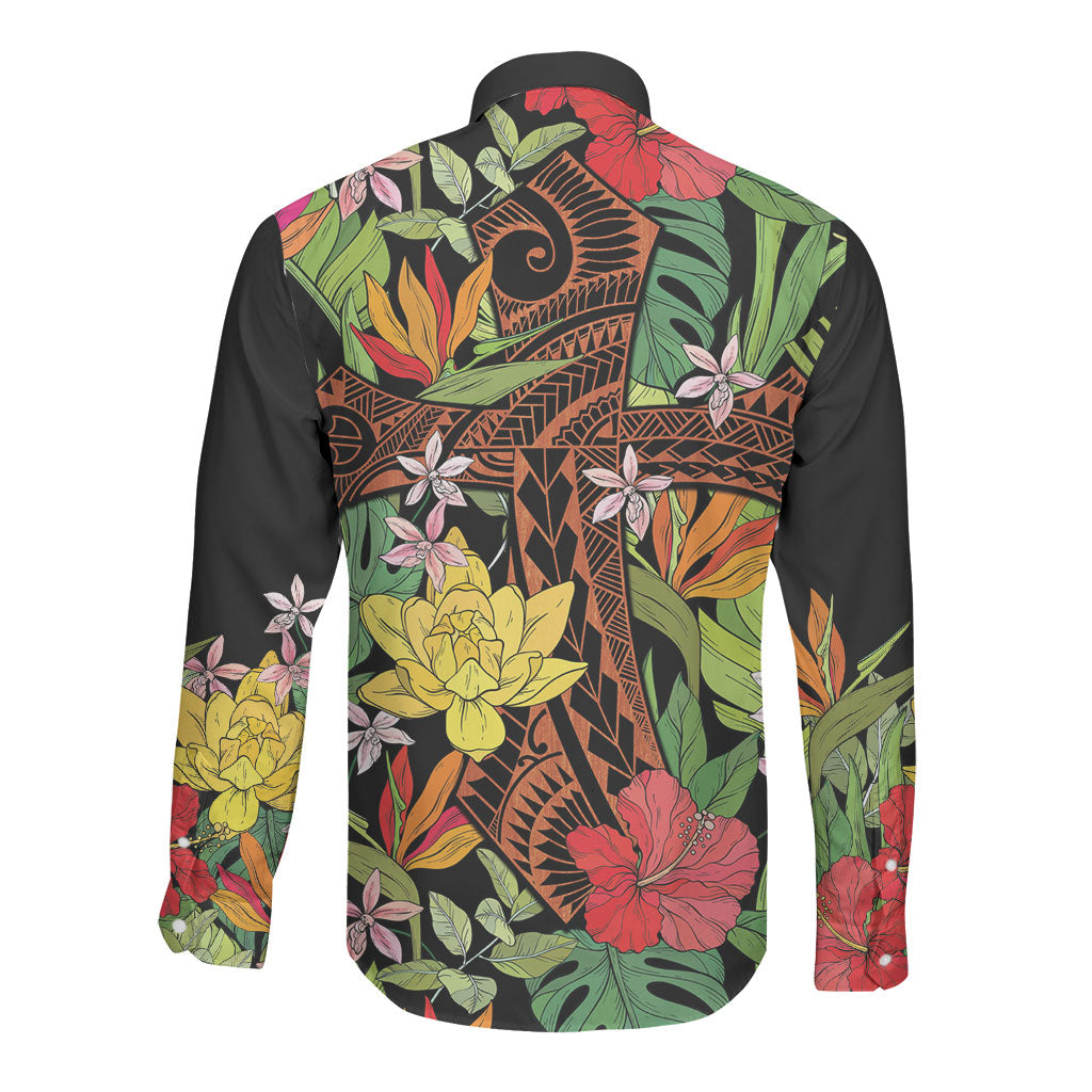 Mahalo Hawaii Ho'oponopono Pule Long Sleeve Button Shirt Polynesian Pattern Cross LT7 - Polynesian Pride