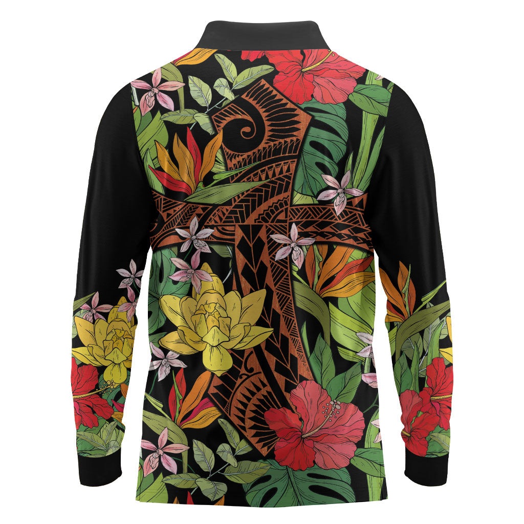 Mahalo Hawaii Ho'oponopono Pule Long Sleeve Polo Shirt Polynesian Pattern Cross LT7 - Polynesian Pride