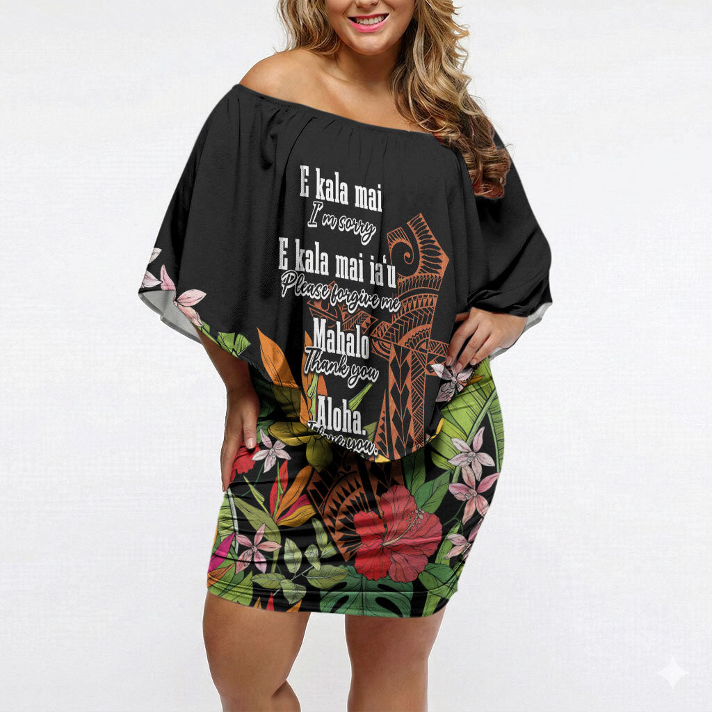 Mahalo Hawaii Ho'oponopono Pule Off Shoulder Short Dress Polynesian Pattern Cross LT7 Women Black - Polynesian Pride