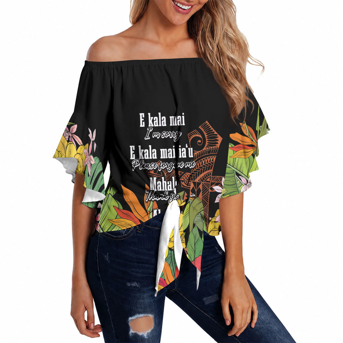 Mahalo Hawaii Ho'oponopono Pule Off Shoulder Wrap Waist Top Polynesian Pattern Cross LT7 Black - Polynesian Pride