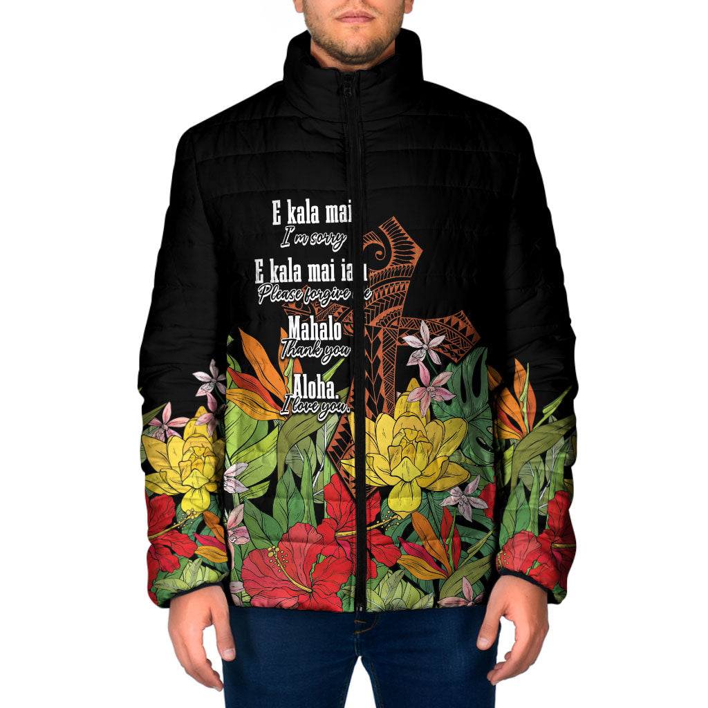 Mahalo Hawaii Ho'oponopono Pule Padded Jacket Polynesian Pattern Cross LT7 Men Black - Polynesian Pride