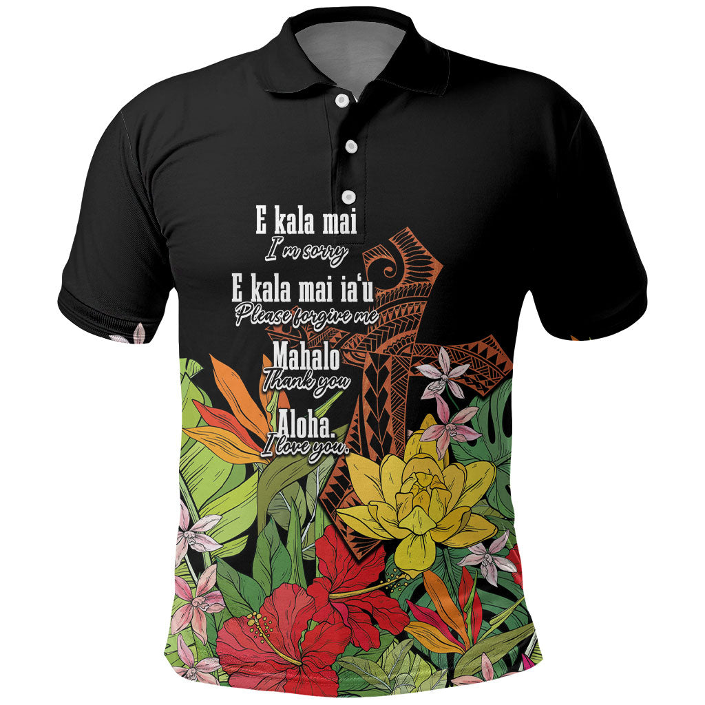Mahalo Hawaii Ho'oponopono Pule Polo Shirt Polynesian Pattern Cross LT7 Black - Polynesian Pride