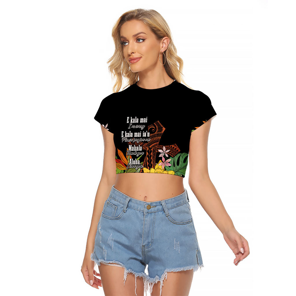 Mahalo Hawaii Ho'oponopono Pule Raglan Cropped T Shirt Polynesian Pattern Cross LT7 Female Black - Polynesian Pride