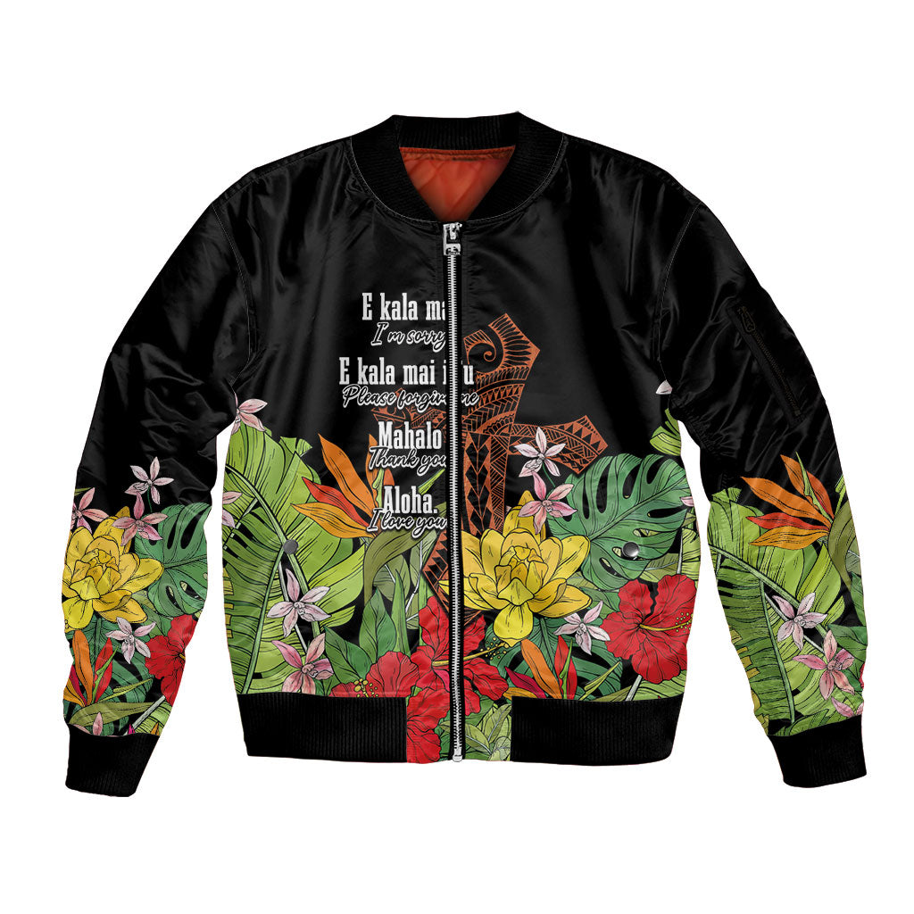 Mahalo Hawaii Ho'oponopono Pule Sleeve Zip Bomber Jacket Polynesian Pattern Cross LT7 Unisex Black - Polynesian Pride