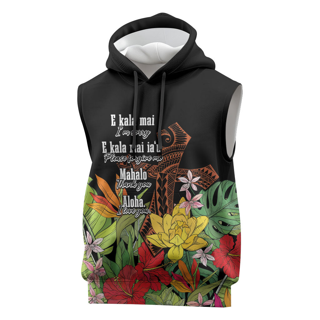 Mahalo Hawaii Ho'oponopono Pule Sleeveless Hoodie Polynesian Pattern Cross LT7 Black - Polynesian Pride