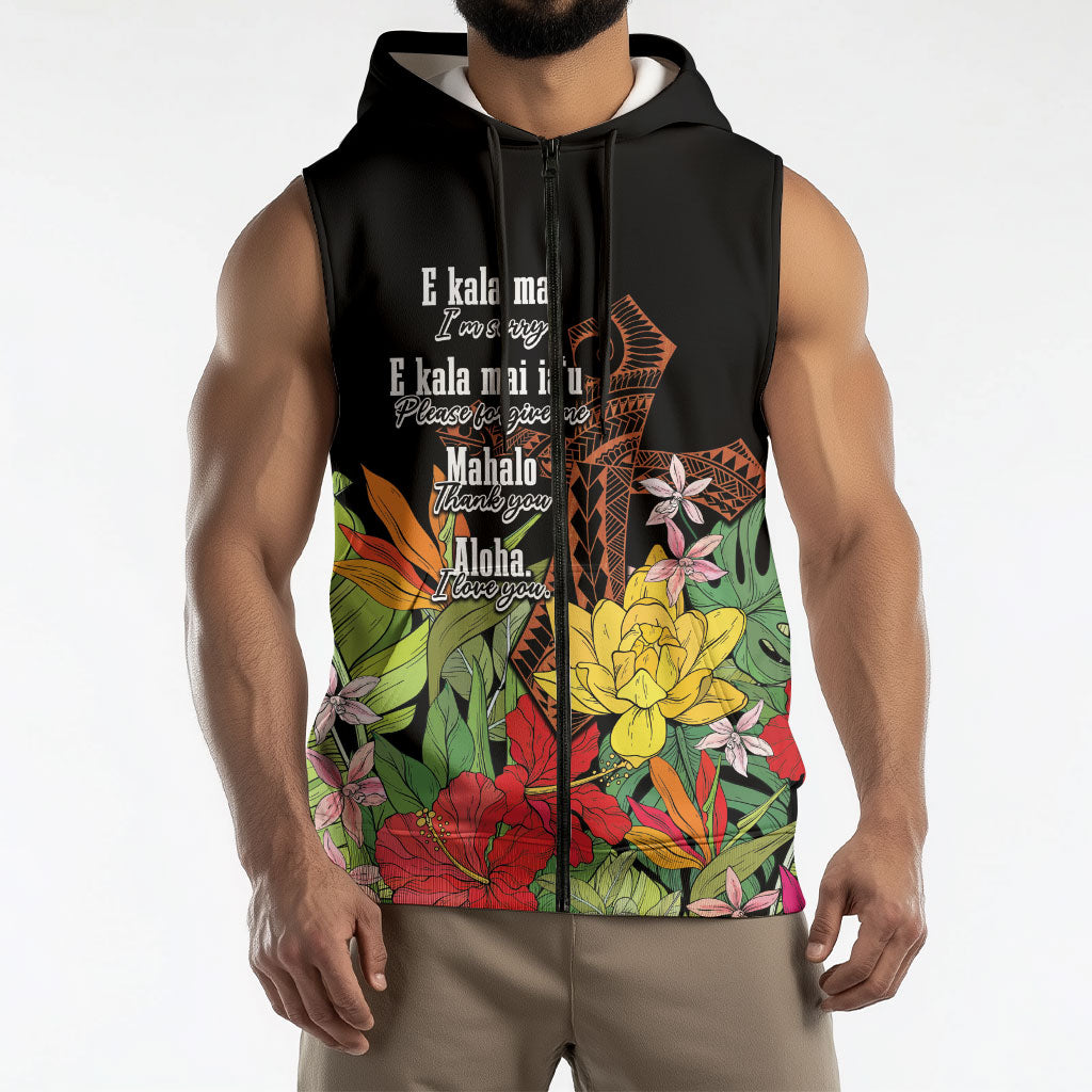 Mahalo Hawaii Ho'oponopono Pule Sleeveless Zip Hoodie Polynesian Pattern Cross LT7 - Polynesian Pride