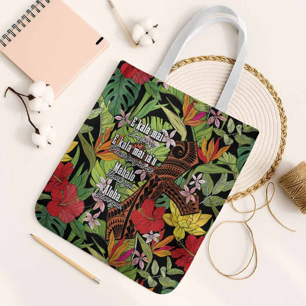 Mahalo Hawaii Ho'oponopono Pule Tote Bag Polynesian Pattern Cross LT7 White Strap One Size Black - Polynesian Pride