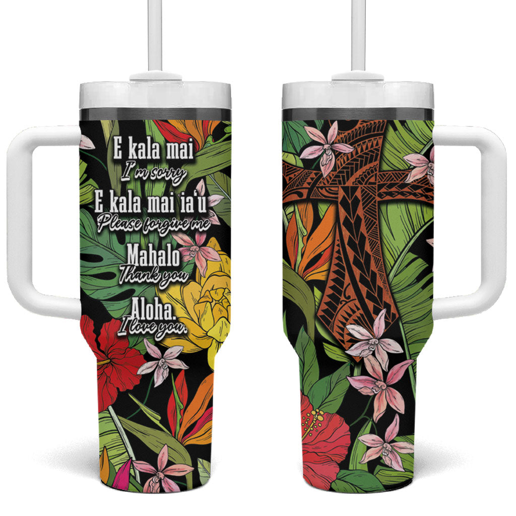 Mahalo Hawaii Ho'oponopono Pule Tumbler With Handle Polynesian Pattern Cross LT7 One Size: 40 oz Black - Polynesian Pride