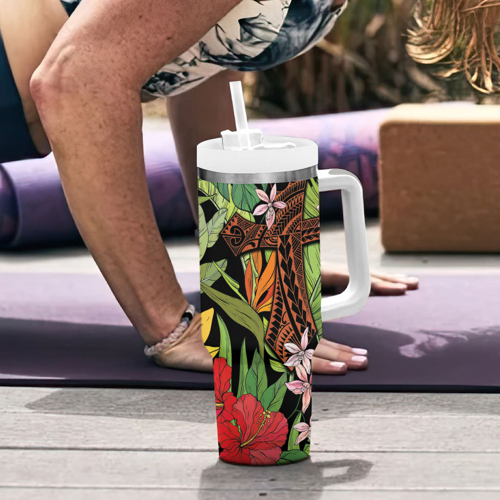 Mahalo Hawaii Ho'oponopono Pule Tumbler With Handle Polynesian Pattern Cross LT7 - Polynesian Pride