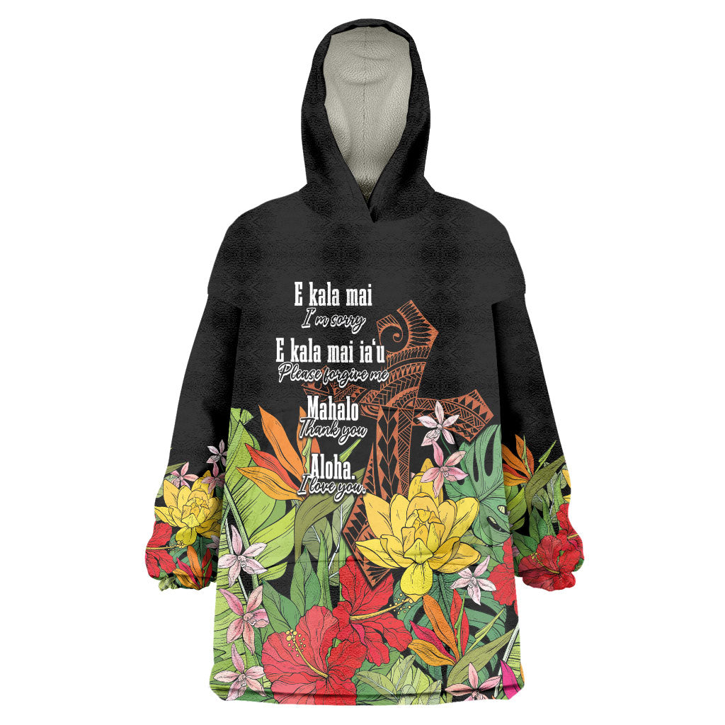 Mahalo Hawaii Ho'oponopono Pule Wearable Blanket Hoodie Polynesian Pattern Cross LT7 One Size Black - Polynesian Pride