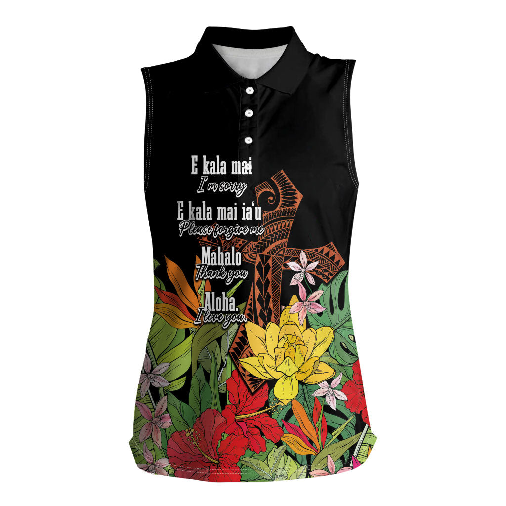 Mahalo Hawaii Ho'oponopono Pule Women Sleeveless Polo Shirt Polynesian Pattern Cross LT7 Female Black - Polynesian Pride