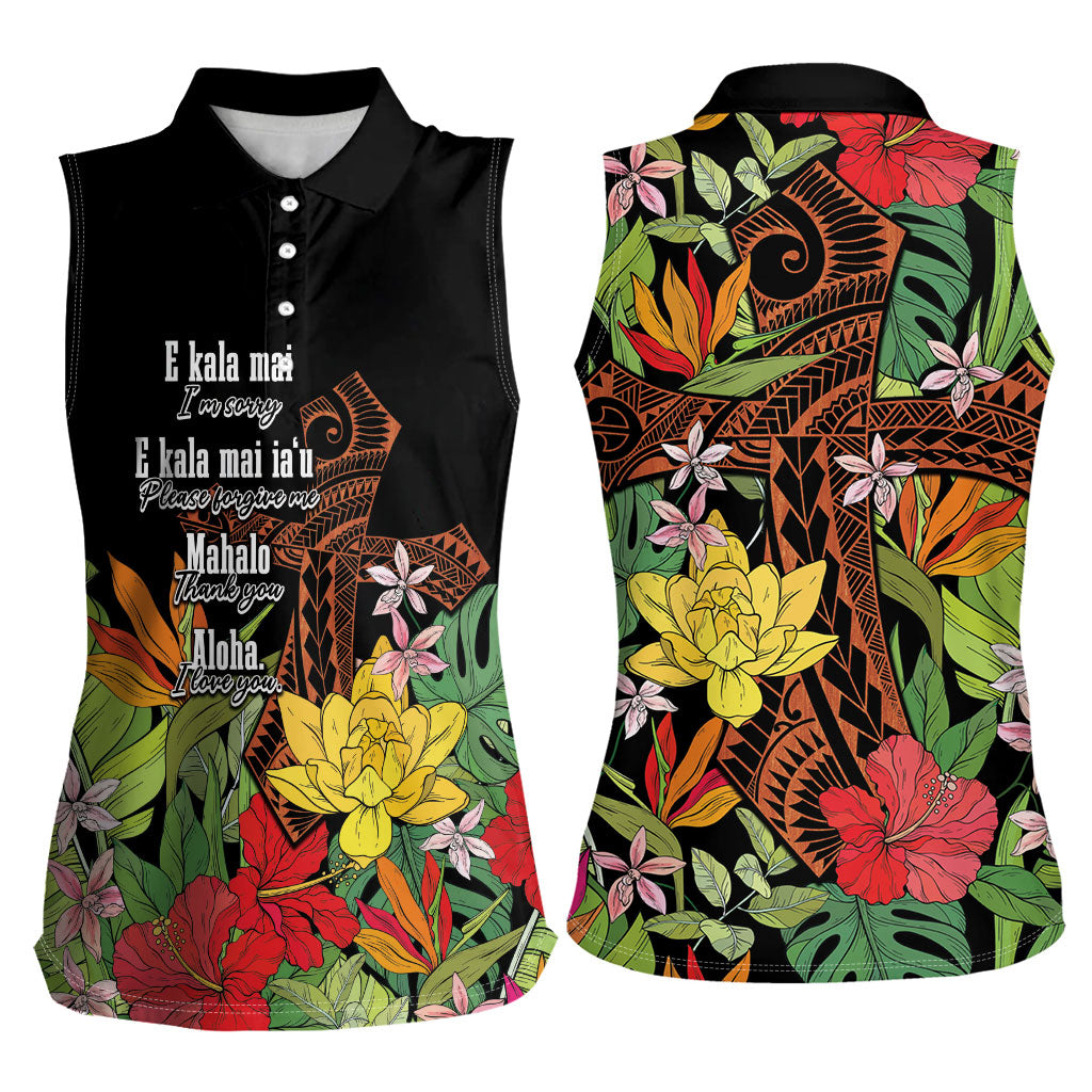 Mahalo Hawaii Ho'oponopono Pule Women Sleeveless Polo Shirt Polynesian Pattern Cross LT7 - Polynesian Pride